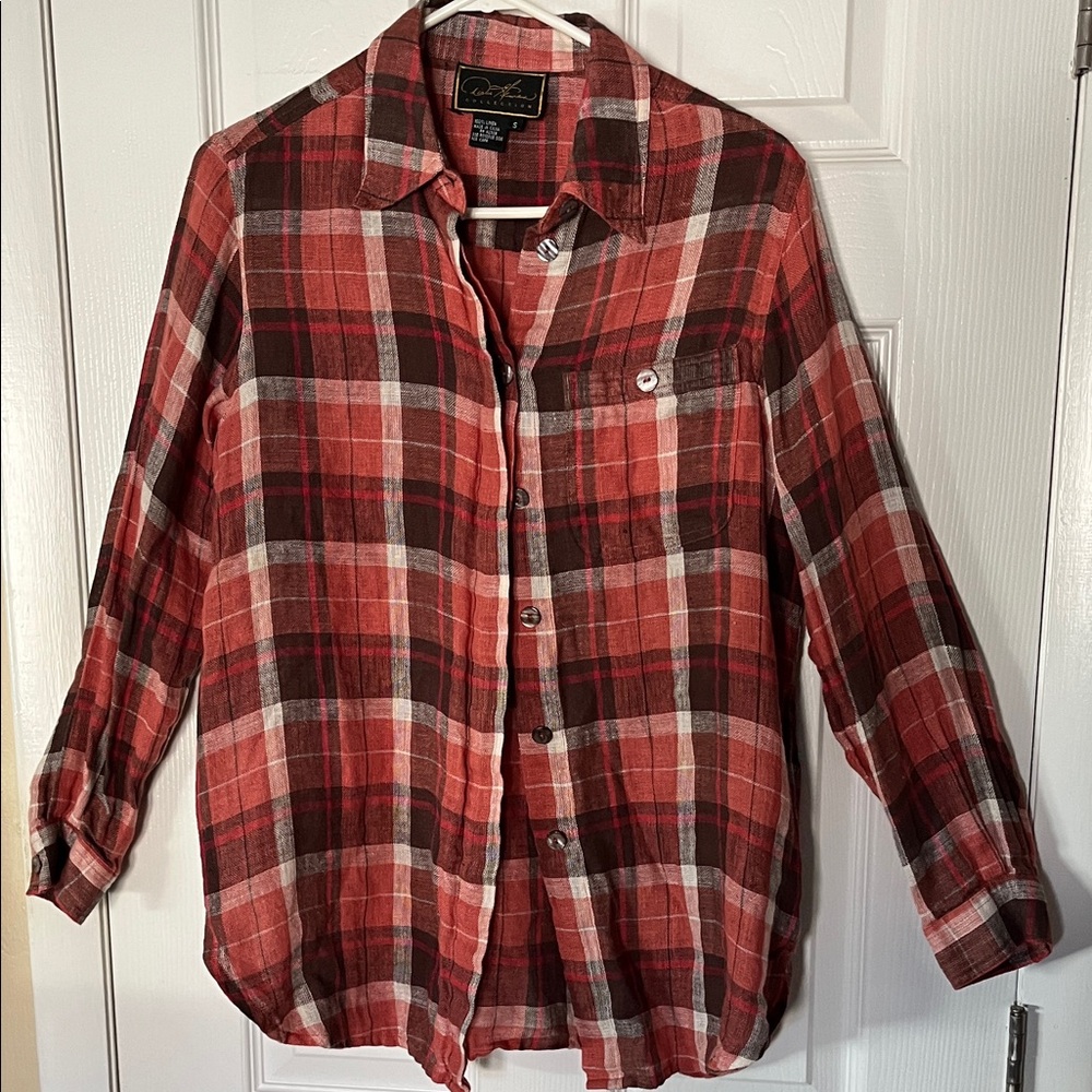 Diane Gilman 100% linen hidden button front shirt brown coral plaid pocket S